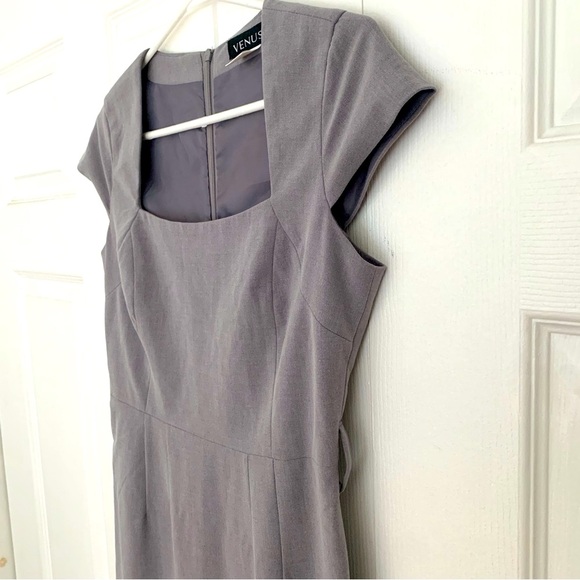 VENUS Gray Square Neck Cap Sleeve Midi Bodycon Dress Women’s Size 4 - Picture 4 of 8